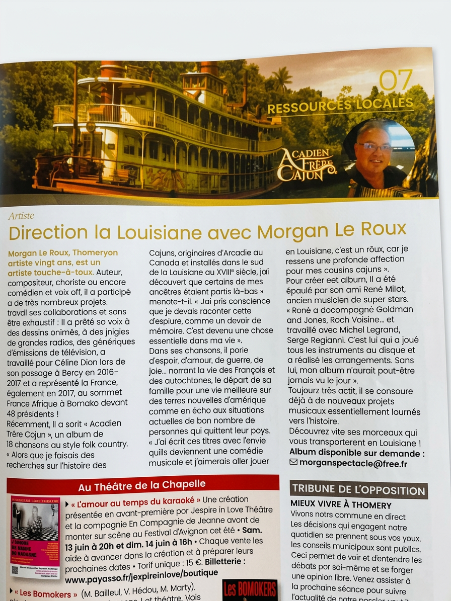 Article présentant Morgan Le Roux et l'album Acadien Frère Cajun